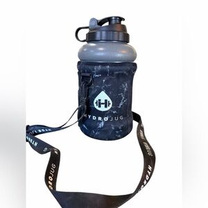 HydroJug Black 73oz, with black marbled bottle sleeve and strap